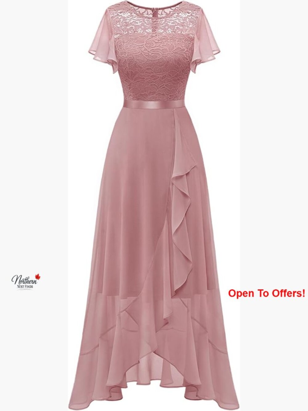 Lace Formal Dress with Slit, Short Sleeve, A-Line Silhouette